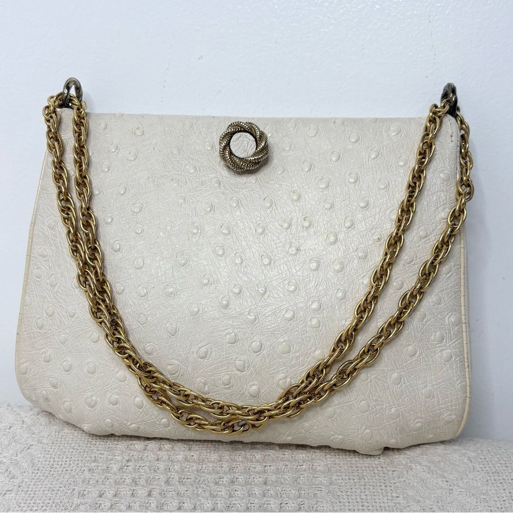 Vintage Ostrich Leather Elegant Cream Handbag with Gold Chain Strap
